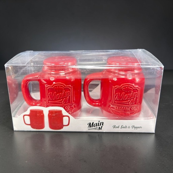 American Atelier Other - American Atelier Main St Ceramic Co Red Mason Jar Mug Salt and Pepper Shaker Set